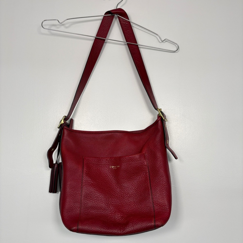 Coach Womens Hobo Bag Medium Red Pebbled Leather Legacy Tassel ShoulderBag 25678